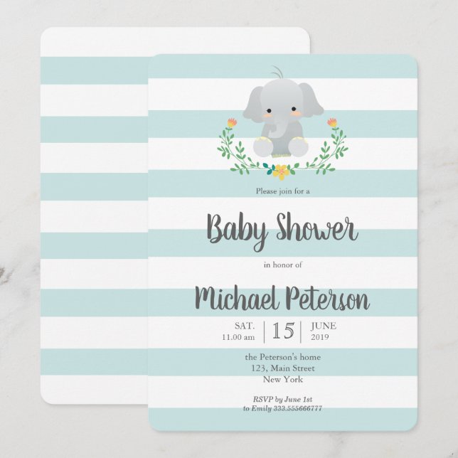 Jolie invitation baby shower garçon éléphant (Devant / Derrière)