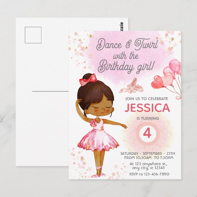 Jolie invitation d'anniversaire de fille ballerine (Devant / Derrière)