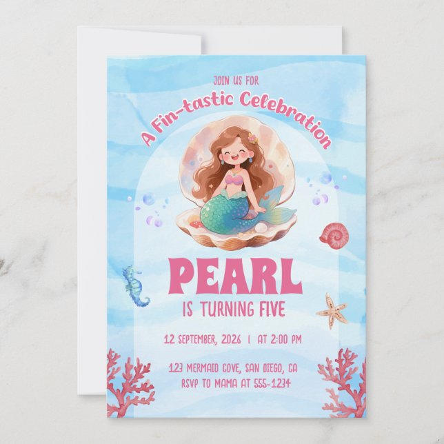 Jolie Invitation d'anniversaire de Sirène à l'aqua (Devant)