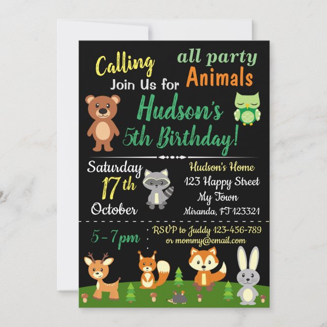 Jolie invitation d'anniversaire pour les animaux d (Devant)