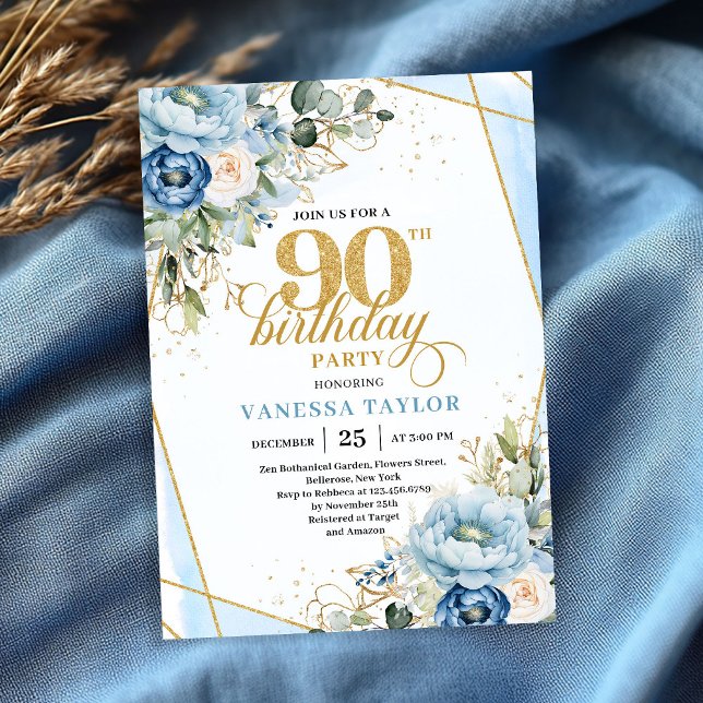 Jolie invitation de 90 ans avec fleurs dorées bleu (Lovely pale blue gold florals 90th birthday celebration)