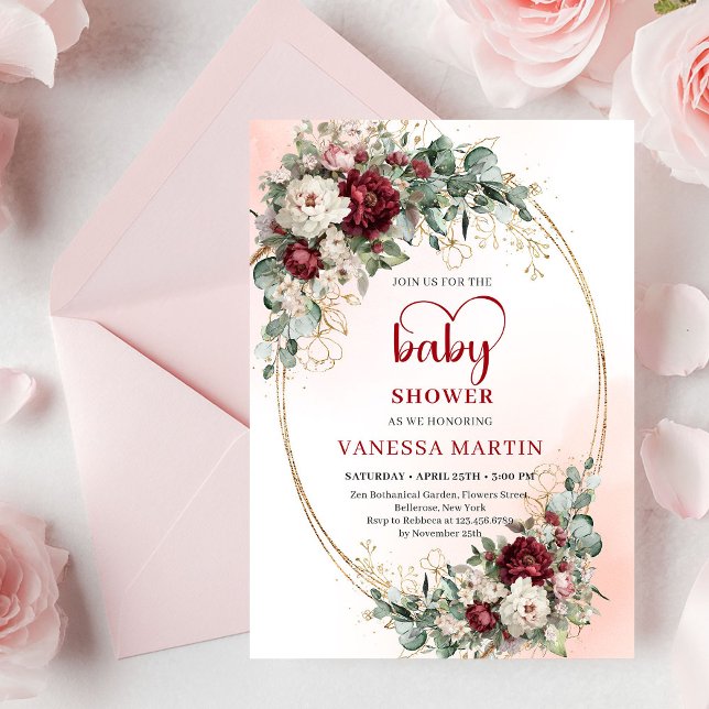 Jolie invitation de baby shower Fleurs Marsala Or (Pretty Marsala Flowers Gold Baby Shower Invitation

)