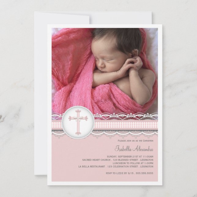 Jolie invitation de baptême de photo de dentelle (Devant)