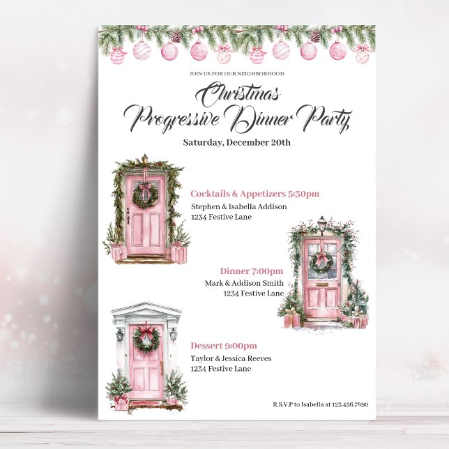 Jolie Invitation de Dîner Progressif de Noël Rose (Créateur téléchargé)