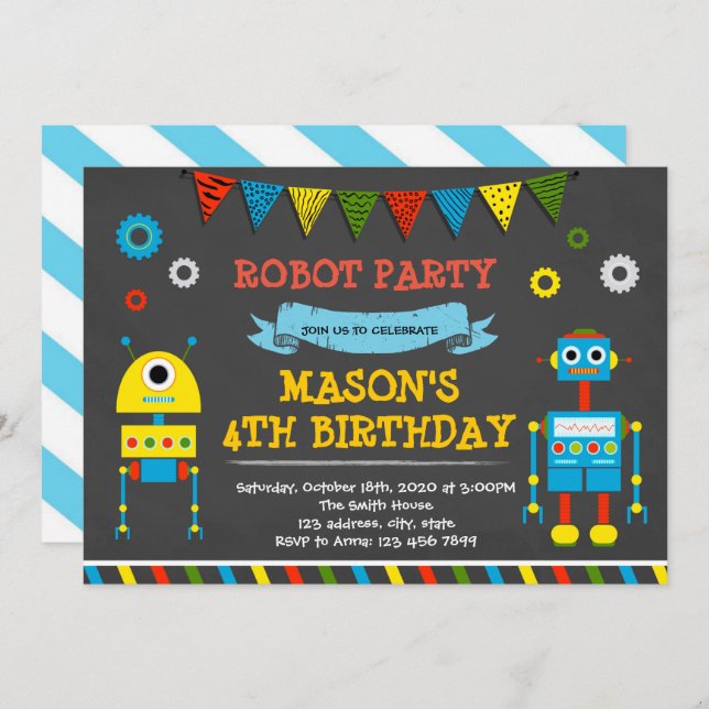 Jolie invitation de fête d'anniversaire robot (Devant / Derrière)