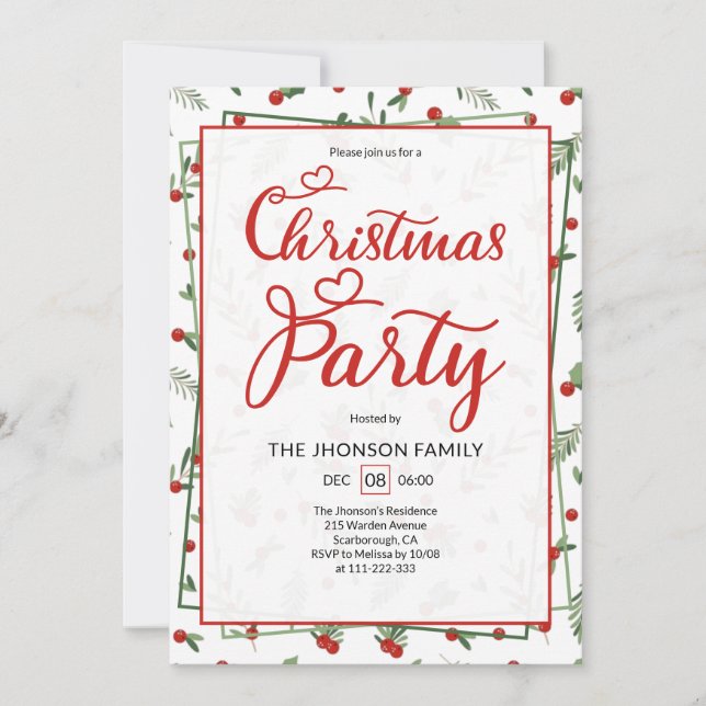 Jolie invitation de fête de Noël avec motif de bai (Devant)