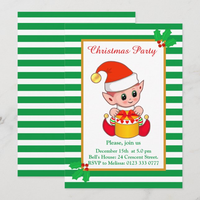 Jolie invitation de fête de Noël avec un elfe de N (Devant / Derrière)