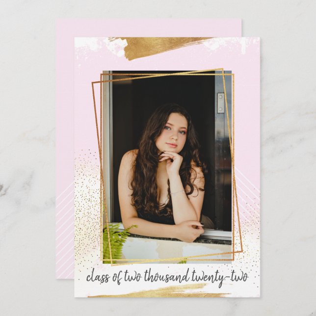 Jolie invitation de graduation encadrée rose et or (Devant / Derrière)