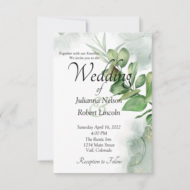 Jolie invitation de mariage à l'aquarelle avec ver (Devant)