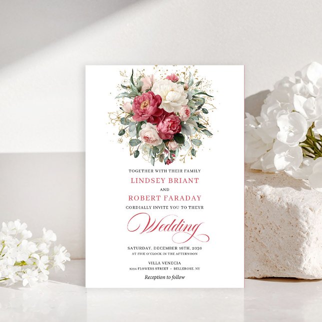 Jolie invitation de mariage aux roses rouges blanc (Pretty Bohemian Red White Gold Roses Wedding Invite

)