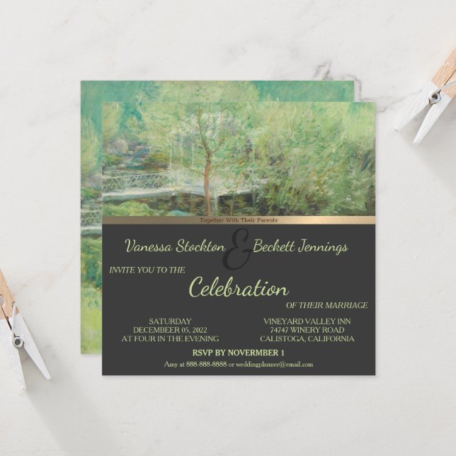 Jolie invitation de mariage de jardin peinte vinta (Devant/Arrière en situation)
