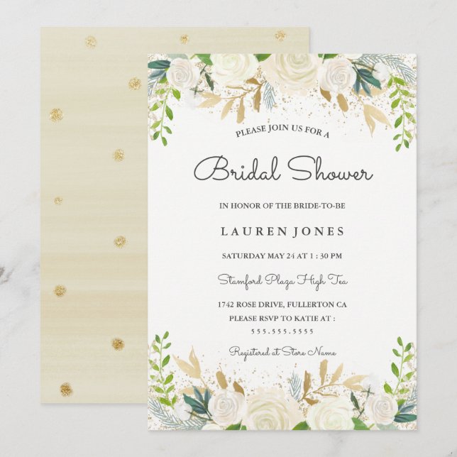 Jolie invitation de mariage floral avec blush doré (Devant / Derrière)