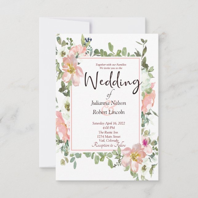 Jolie invitation de mariage florale à l'aquarelle  (Devant)