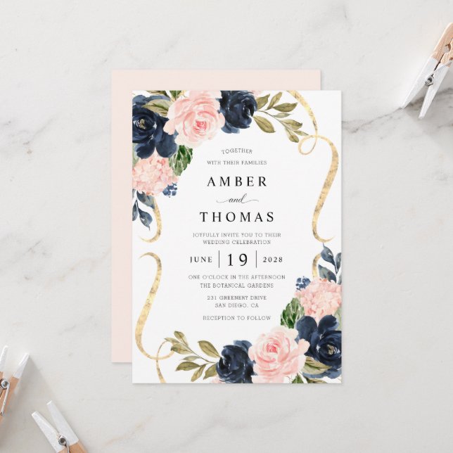 Jolie invitation de mariage florale Navy Blush Rus (Devant/Arrière en situation)