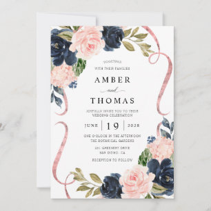 Jolie invitation de mariage florale rustique Navy 