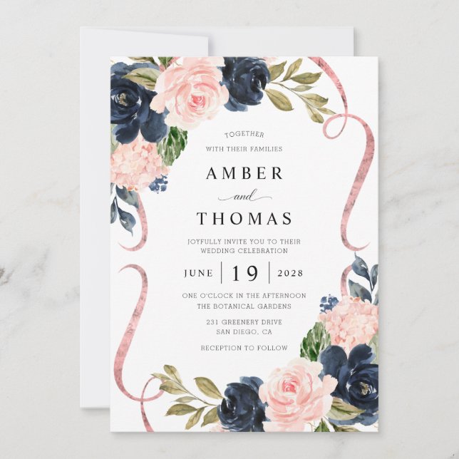 Jolie invitation de mariage florale rustique Navy  (Devant)