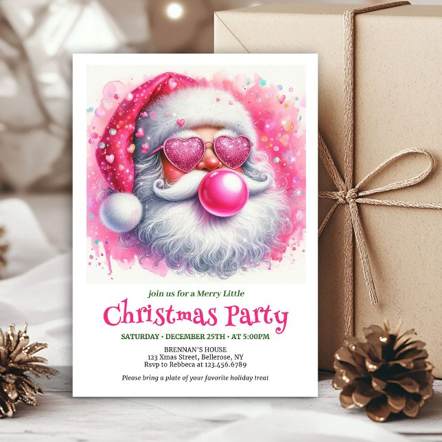 Jolie invitation de Noël à l'aquarelle représentan (Cute pink santa chewing gum watercolor Xmas invite)