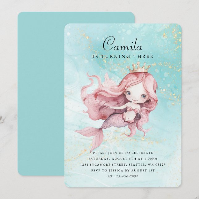 Jolie invitation de sirène d'anniversaire (Devant / Derrière)