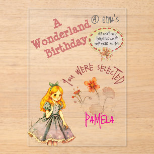 Jolie invitation en acrylique Alice au pays des me