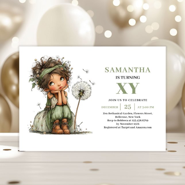 Jolie Invitation Fleurie de Sage pour les 5 Ans de (Cute Fairy Girl 5th Birthday Sage Floral Invitation)