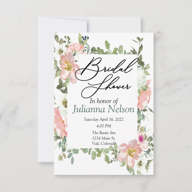 Jolie invitation florale aquarelle rose (Devant)