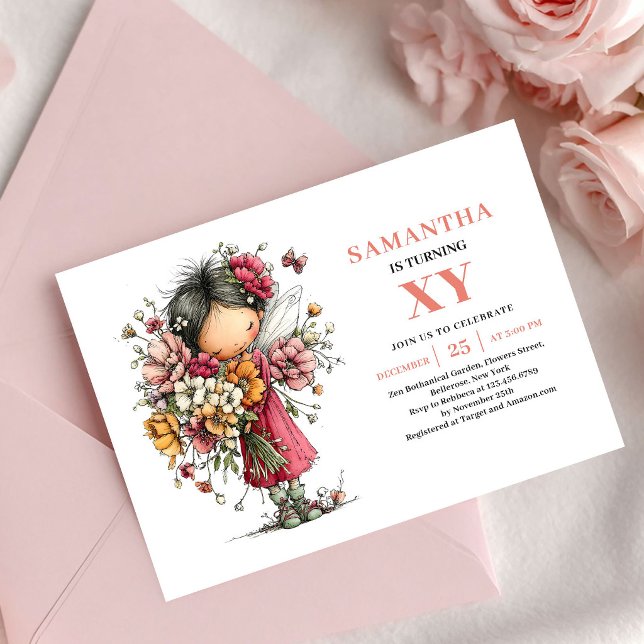 Jolie invitation florale rose pour les 7 ans de la (Lovely Fairy Girl 7th Birthday Pink Floral invitation)