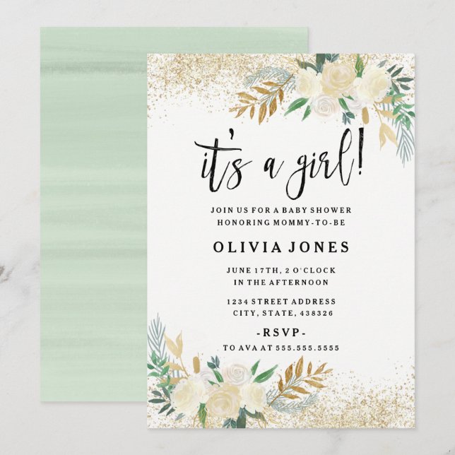 Jolie invitation pour Baby Shower Fille thème flor (Devant / Derrière)