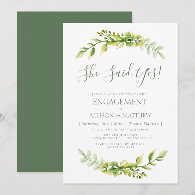 Jolie invitation pour une soirée d'engagement vert (Devant / Derrière)
