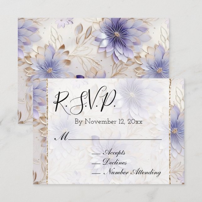 Jolie invitation RSVP de mariage florale or et per (Devant / Derrière)