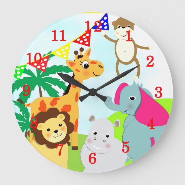 Jolie Jungle Animaux Enfants Horloge (Recto)