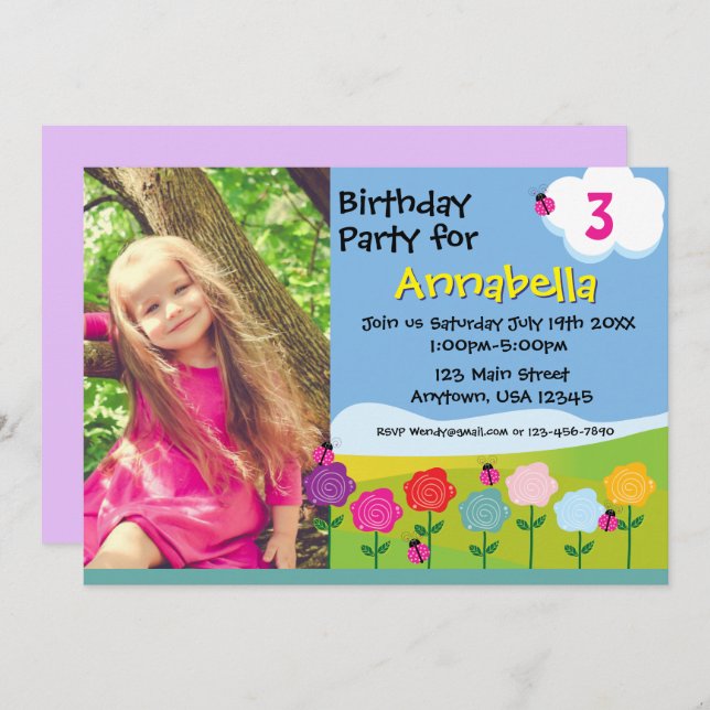 Jolie Ladybug Garden Invitation d'anniversaire pou (Devant / Derrière)