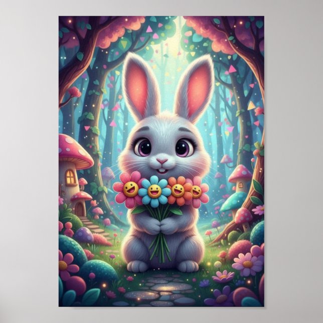 Jolie Lapin de la Forêt Poster avec Fleurs et Sour (Devant)