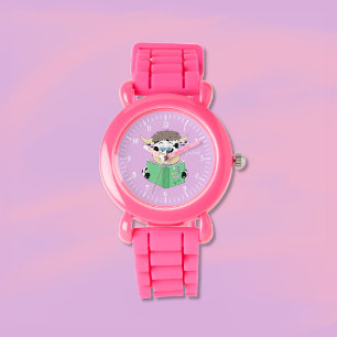 Jolie Lecture Caricature Vache Girl Montre Rose