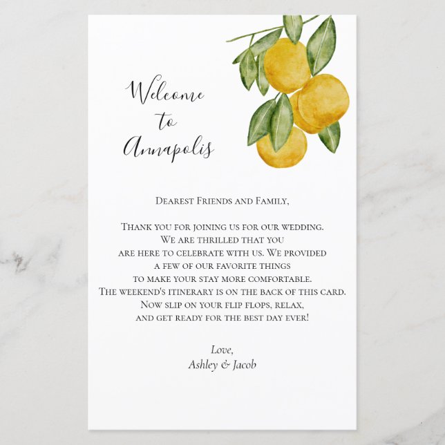 Jolie lettre de bienvenue du Mariage de citron, It (Devant)