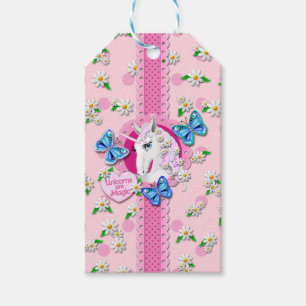 Jolie licorne en rose avec des étiquettes Pois