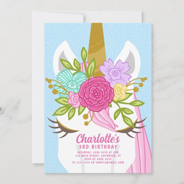 Jolie licorne Face Floral Anniversaire Invitation (Devant)