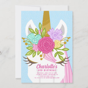 Jolie licorne Face Floral Anniversaire Invitation
