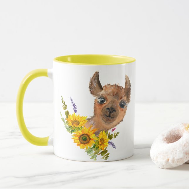 Jolie Llama d'Alpaca avec des tournesols Mug (Avec donut)