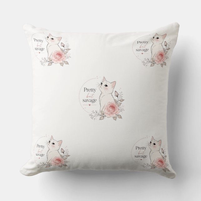 Jolie Mais Sauvage Kawaii Chat Rose Oreiller (Recto)