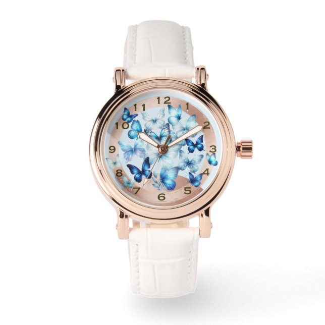 Jolie montre papillon bleu de style or rose eWatch (Recto)
