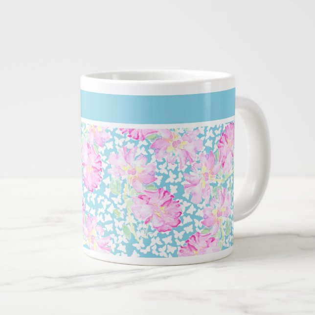 Jolie Mug Jumbo, Roses Rose, Papillons Blancs (Devant droit)