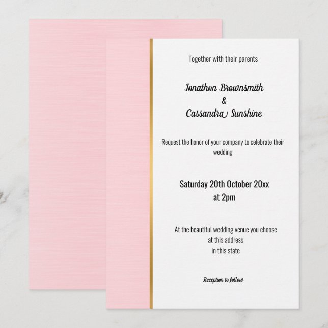 JOLIE PASTEL ROSE OR TRIM INVITATION (Devant / Derrière)