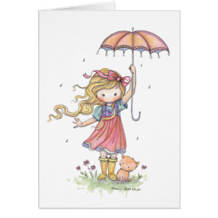 Jolie petite fille et chat sous la pluie
