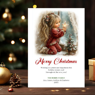 Jolie petite fille, scène de Noël charmante, carte