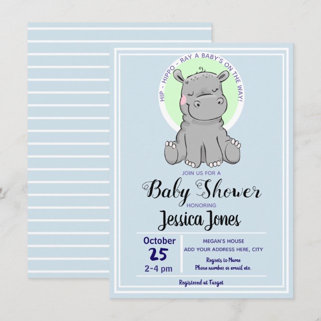 Jolie petite Hippo Baby Shower Invitations (Devant / Derrière)