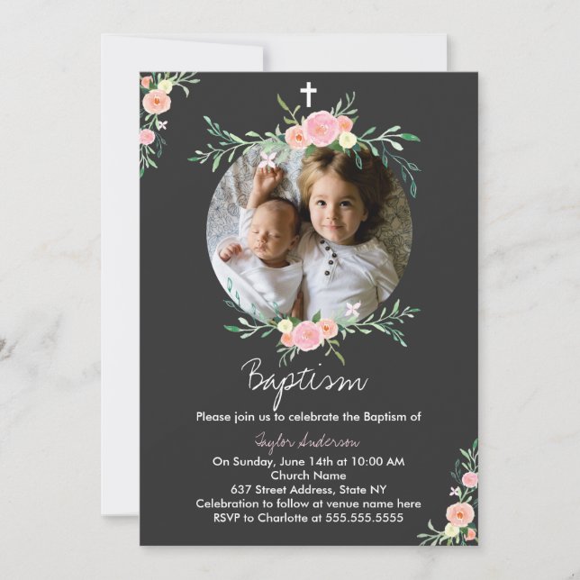 Jolie photo Floral Wreath Baptism Invitation (Devant)