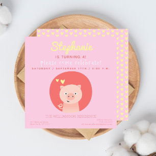 Jolie Piglet Rose Girls Invitation de fête d'anniv