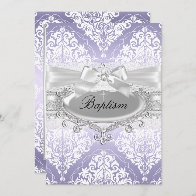 Jolie Purple Damask Bow Baptism Invitation (Devant / Derrière)