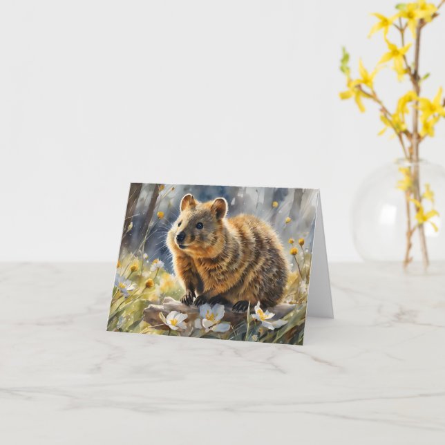 Jolie Quokka Fleur Blanche Aquarelle Carte De Vœux (Fleur jaune)
