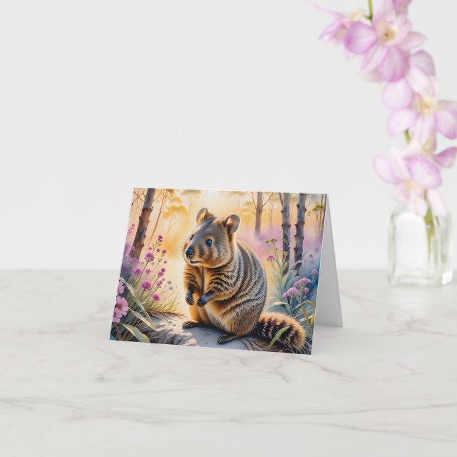 Jolie Quokka Fleurs Roses Aquarelle Carte de Vœux  (Orchidée)